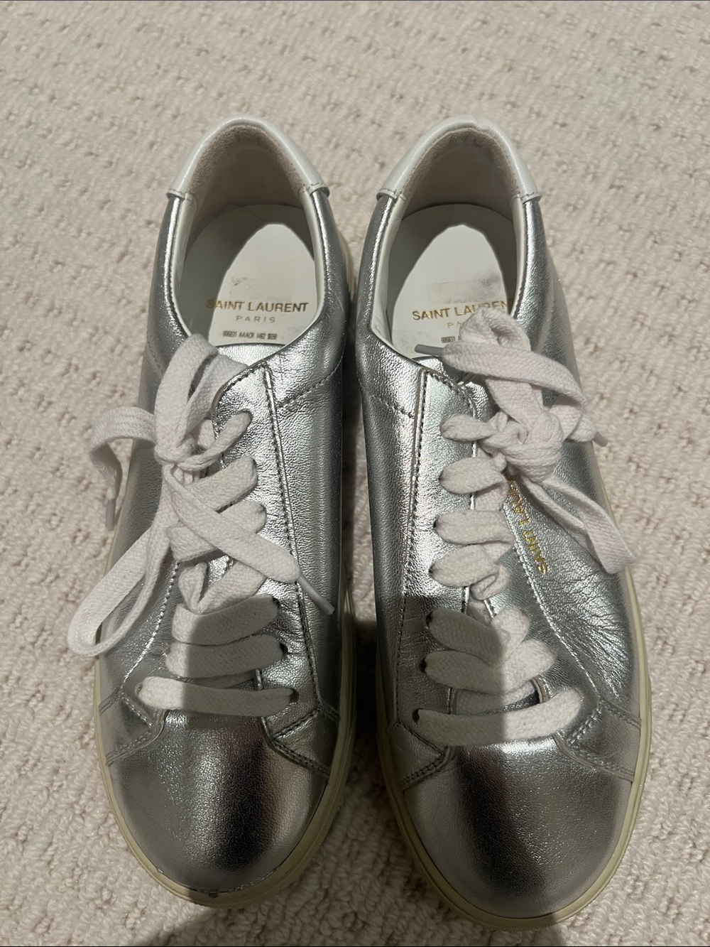 Saint Laurent Metallic Silver Leather Low-Top Sneakers with White Laces